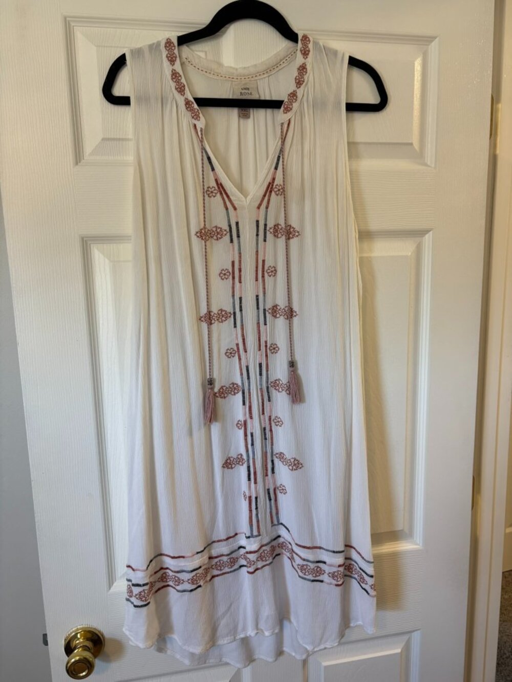 Knox Rose White Peasant Dress with Tassel Tie & Red Embroidery XL